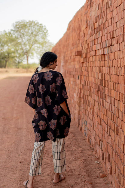 Black Printed Cotton Kurta with Beige Striped Pants – Casual Summer Set