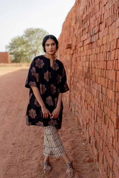 Black Printed Cotton Kurta with Beige Striped Pants – Casual Summer Set