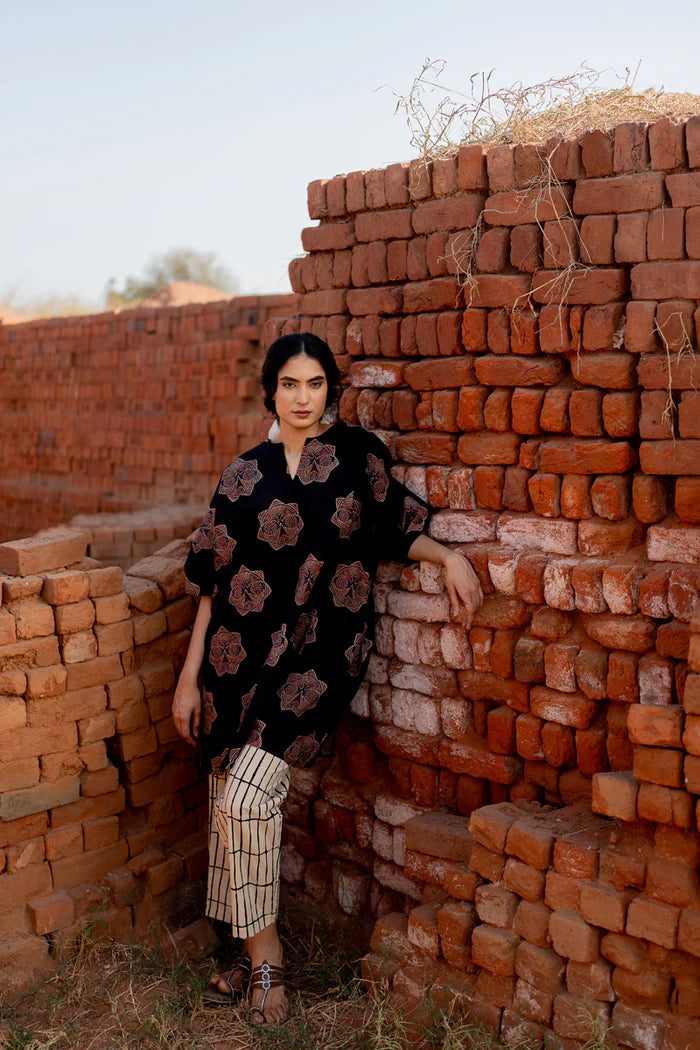 Black Printed Cotton Kurta with Beige Striped Pants – Casual Summer Set