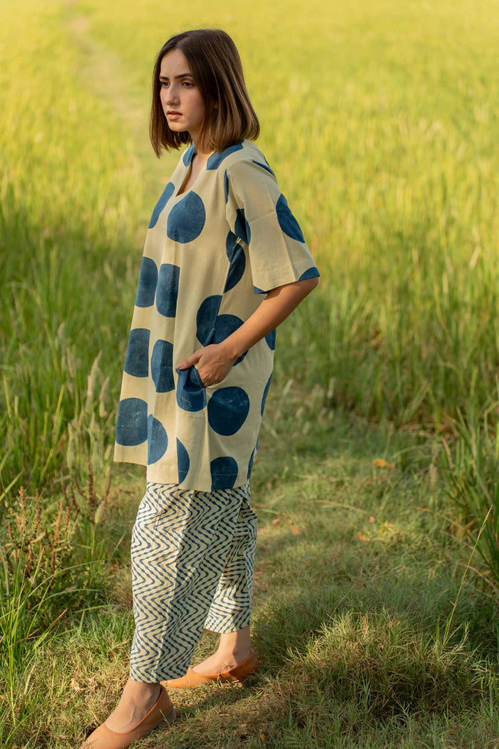 Beige & Indigo Polka Dot Cotton Kaftan Top with Printed Pants Co-ord Set