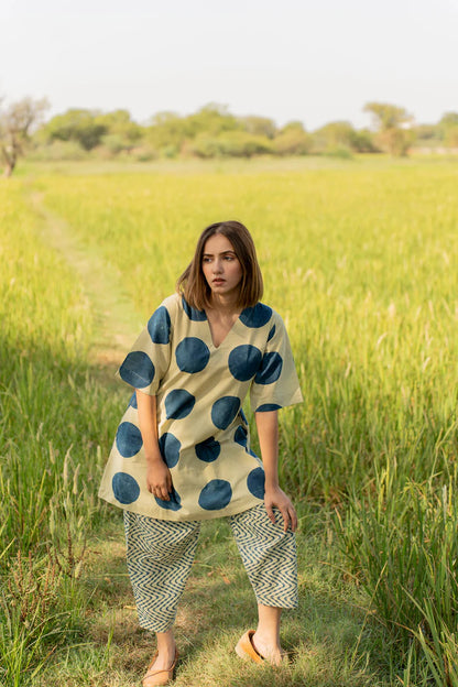 Beige & Indigo Polka Dot Cotton Kaftan Top with Printed Pants Co-ord Set