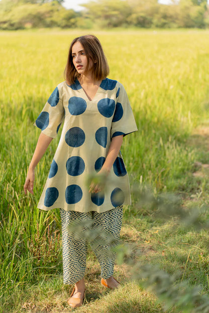Beige & Indigo Polka Dot Cotton Kaftan Top with Printed Pants Co-ord Set