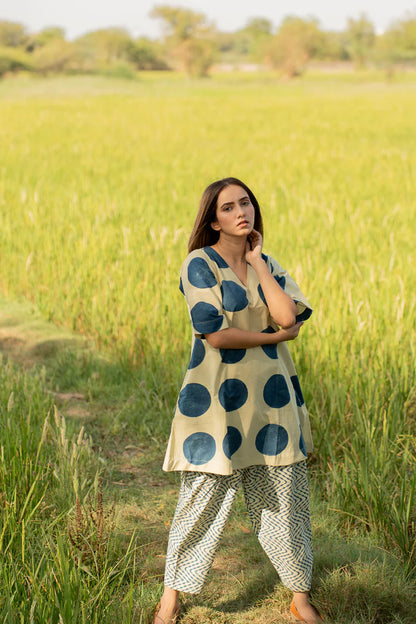 Beige & Indigo Polka Dot Cotton Kaftan Top with Printed Pants Co-ord Set