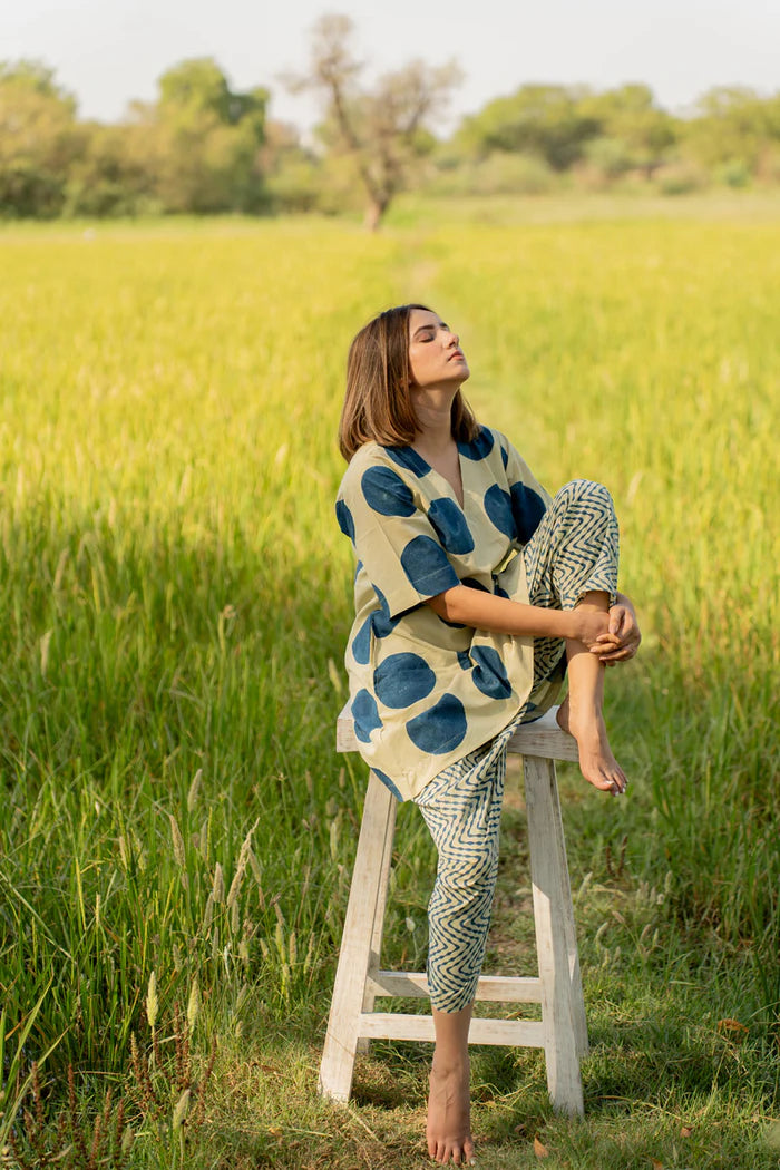 Beige & Indigo Polka Dot Cotton Kaftan Top with Printed Pants Co-ord Set