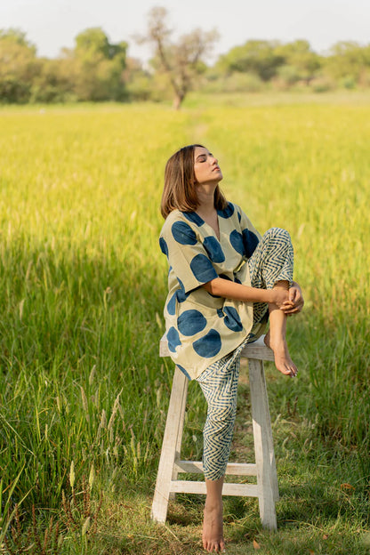 Beige & Indigo Polka Dot Cotton Kaftan Top with Printed Pants Co-ord Set
