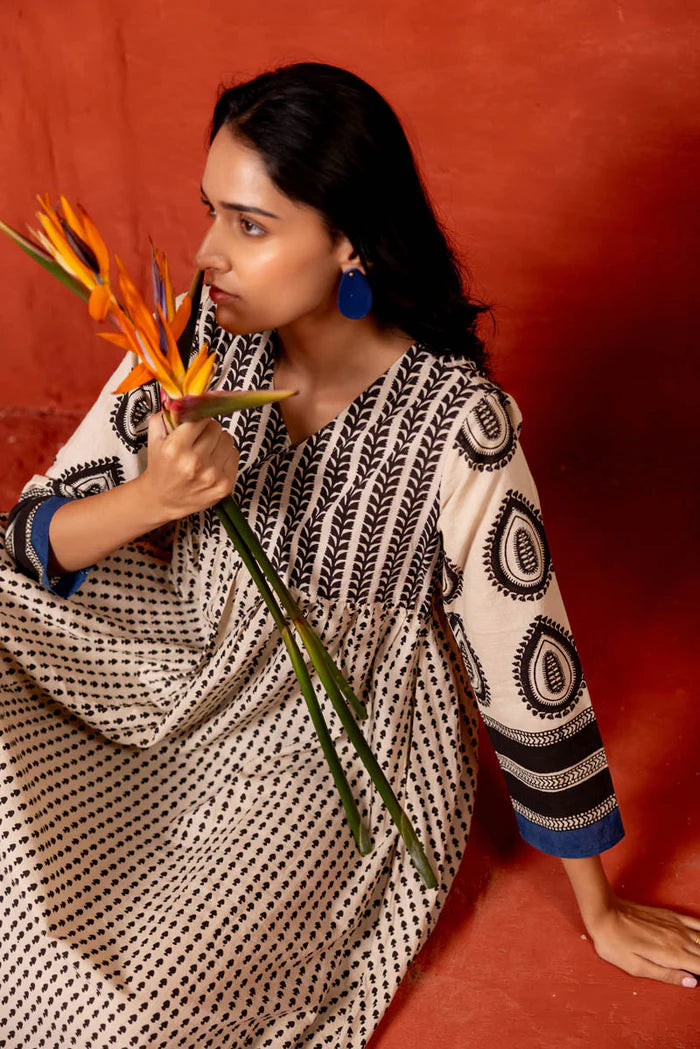 Beige & Indigo Handblock Print Cotton A-Line Kurta