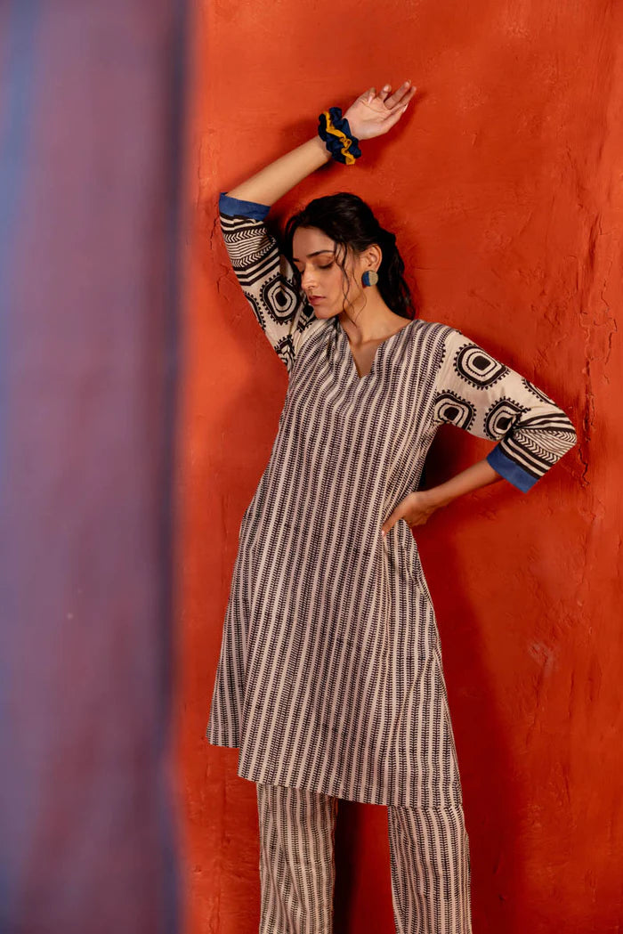 Printed Beige & Black Cotton Kurta–Pant Co-ord Set