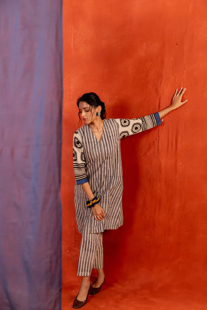 Printed Beige & Black Cotton Kurta–Pant Co-ord Set