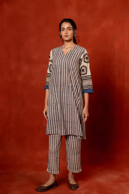 Printed Beige & Black Cotton Kurta–Pant Co-ord Set