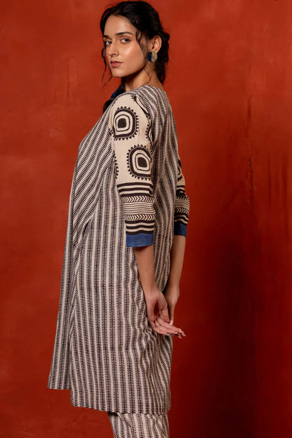Printed Beige & Black Cotton Kurta–Pant Co-ord Set