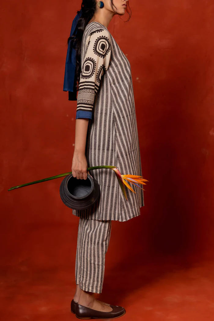 Printed Beige & Black Cotton Kurta–Pant Co-ord Set