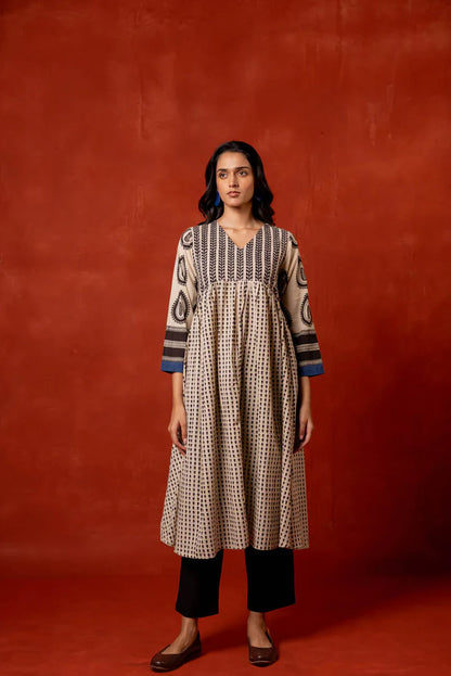 Beige & Indigo Handblock Print Cotton A-Line Kurta