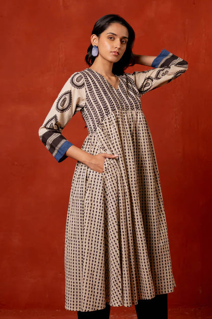 Beige & Indigo Handblock Print Cotton A-Line Kurta