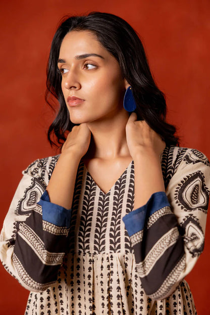 Beige & Indigo Handblock Print Cotton A-Line Kurta