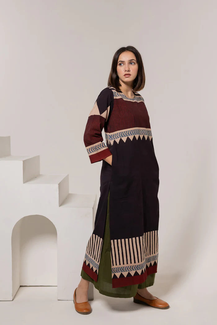 Maroon & Black Print Cotton Long Kurta
