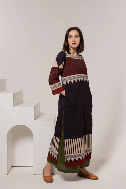 Maroon & Black Print Cotton Long Kurta