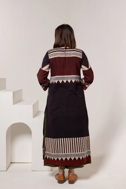 Maroon & Black Print Cotton Long Kurta