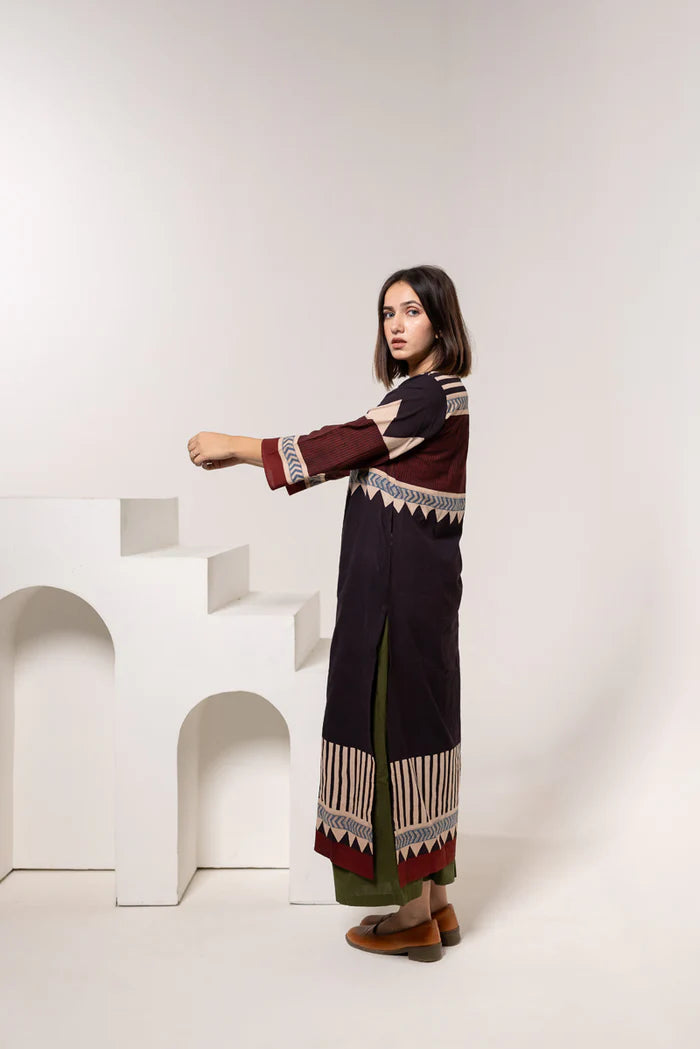 Maroon & Black Print Cotton Long Kurta