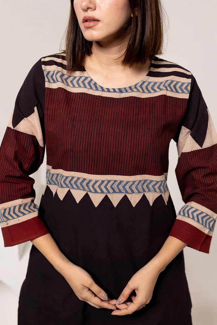 Maroon & Black Print Cotton Long Kurta