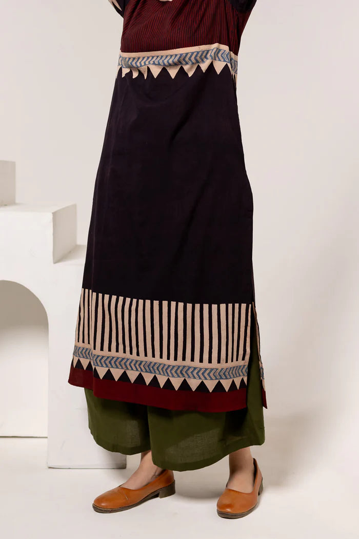 Maroon & Black Print Cotton Long Kurta