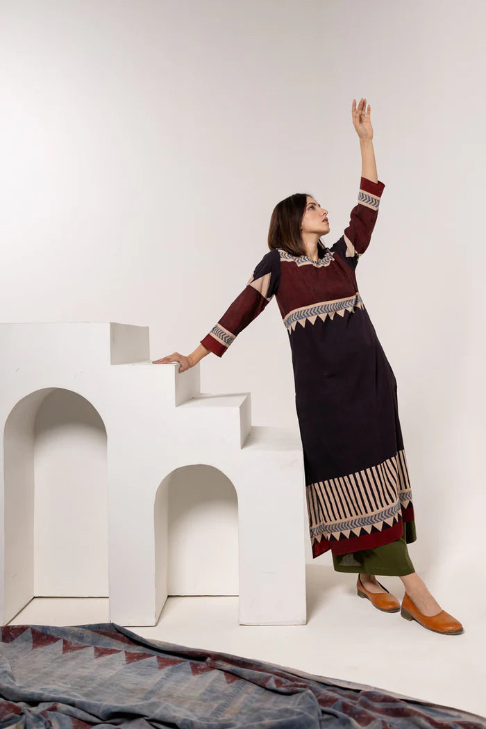 Maroon & Black Print Cotton Long Kurta