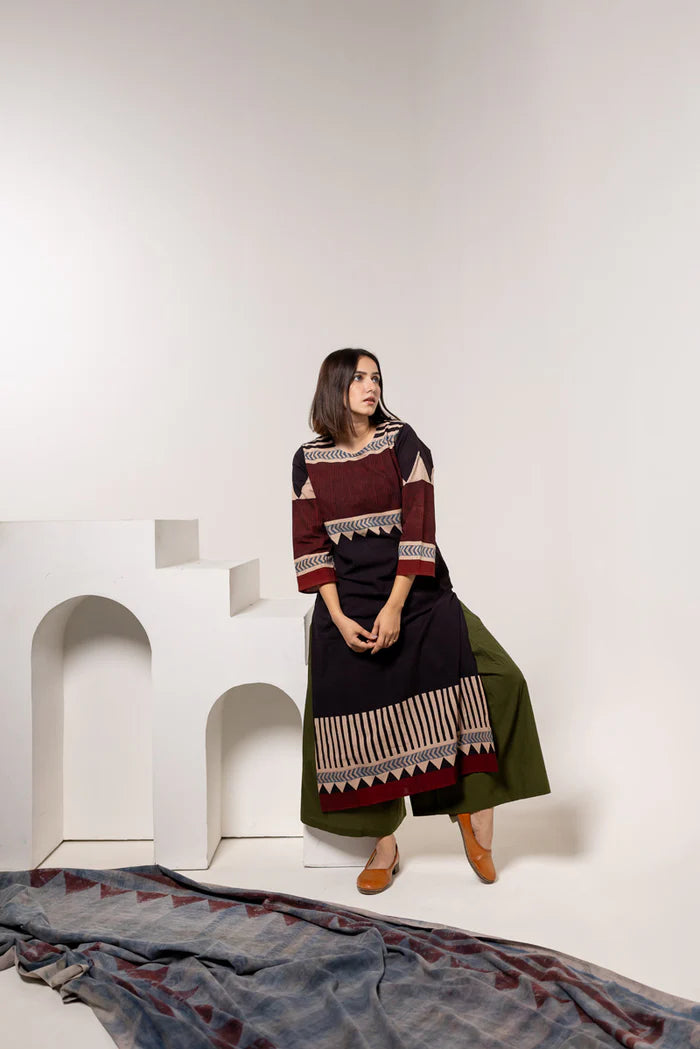 Maroon & Black Print Cotton Long Kurta