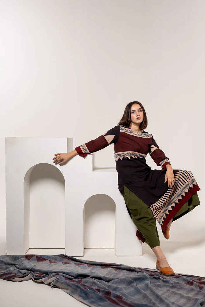 Maroon & Black Print Cotton Long Kurta