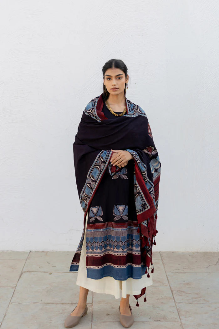 Black & Maroon Printed Cotton Kurta Set with Matching Dupatta and Cream Pants