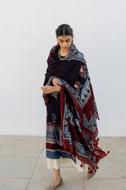 Black & Maroon Printed Cotton Kurta Set with Matching Dupatta and Cream Pants