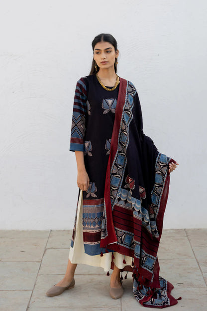 Black & Maroon Printed Cotton Kurta Set with Matching Dupatta and Cream Pants