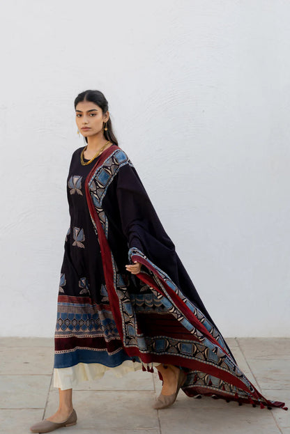 Black & Maroon Printed Cotton Kurta Set with Matching Dupatta and Cream Pants