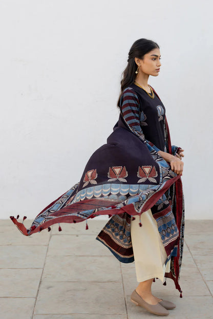 Black & Maroon Printed Cotton Kurta Set with Matching Dupatta and Cream Pants