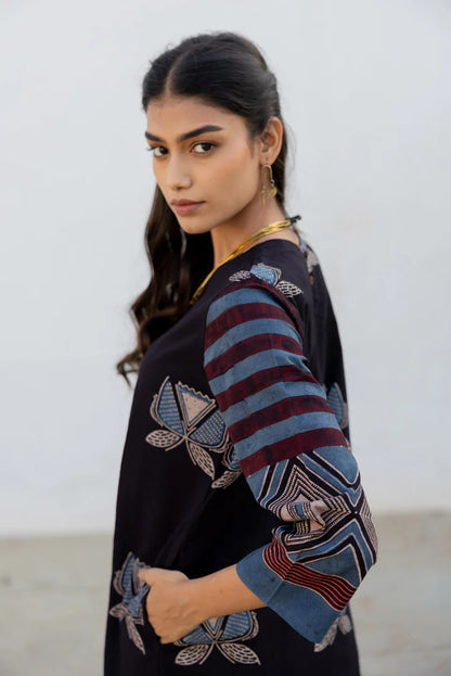 Black & Maroon Printed Cotton Kurta Set with Matching Dupatta and Cream Pants