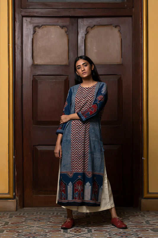 Indigo & Maroon Ajrakh Patch Panel Cotton Kurta