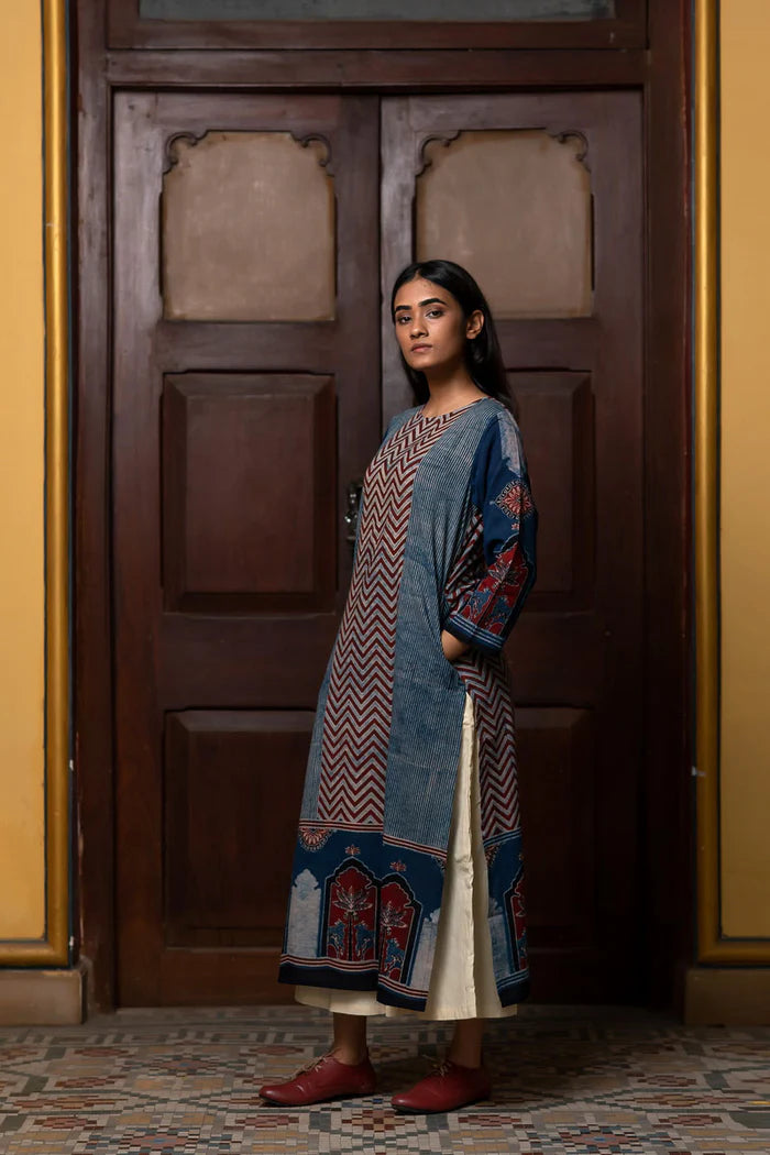 Indigo & Maroon Ajrakh Patch Panel Cotton Kurta