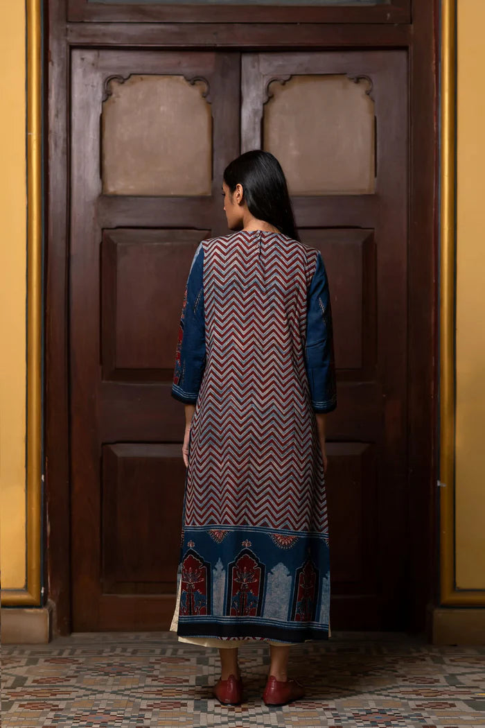 Indigo & Maroon Ajrakh Patch Panel Cotton Kurta