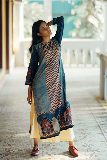 Indigo & Maroon Ajrakh Patch Panel Cotton Kurta
