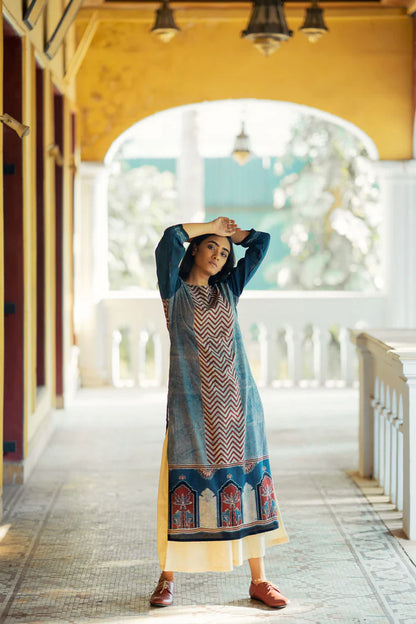 Indigo & Maroon Ajrakh Patch Panel Cotton Kurta