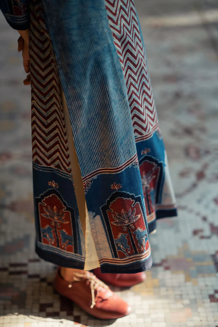 Indigo & Maroon Ajrakh Patch Panel Cotton Kurta
