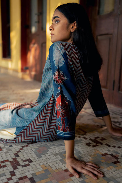 Indigo & Maroon Ajrakh Patch Panel Cotton Kurta