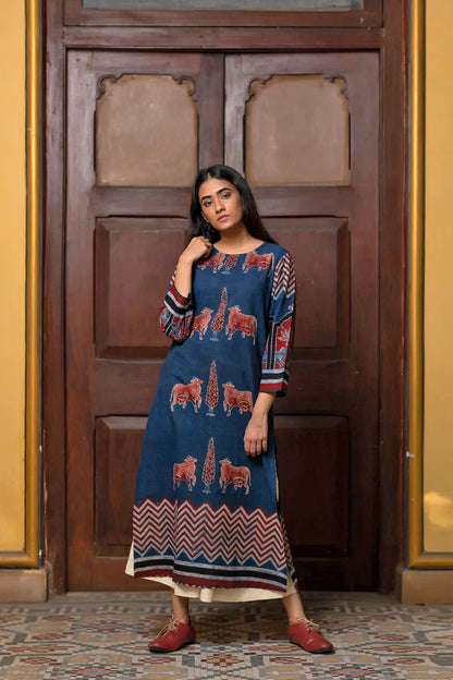 Navy Blue Pichwai Cow Print Cotton Straight Kurta