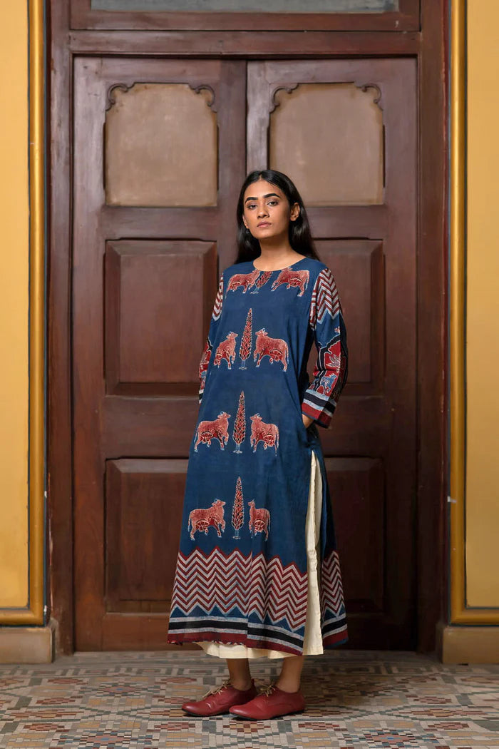 Navy Blue Pichwai Cow Print Cotton Straight Kurta