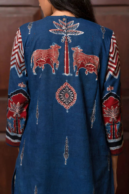 Navy Blue Pichwai Cow Print Cotton Straight Kurta