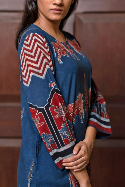 Navy Blue Pichwai Cow Print Cotton Straight Kurta