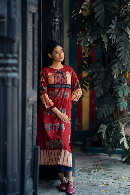 Maroon Pichwai Cow Motif Cotton Kurta