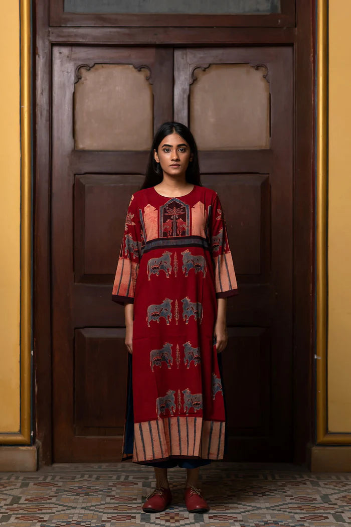 Maroon Pichwai Cow Motif Cotton Kurta