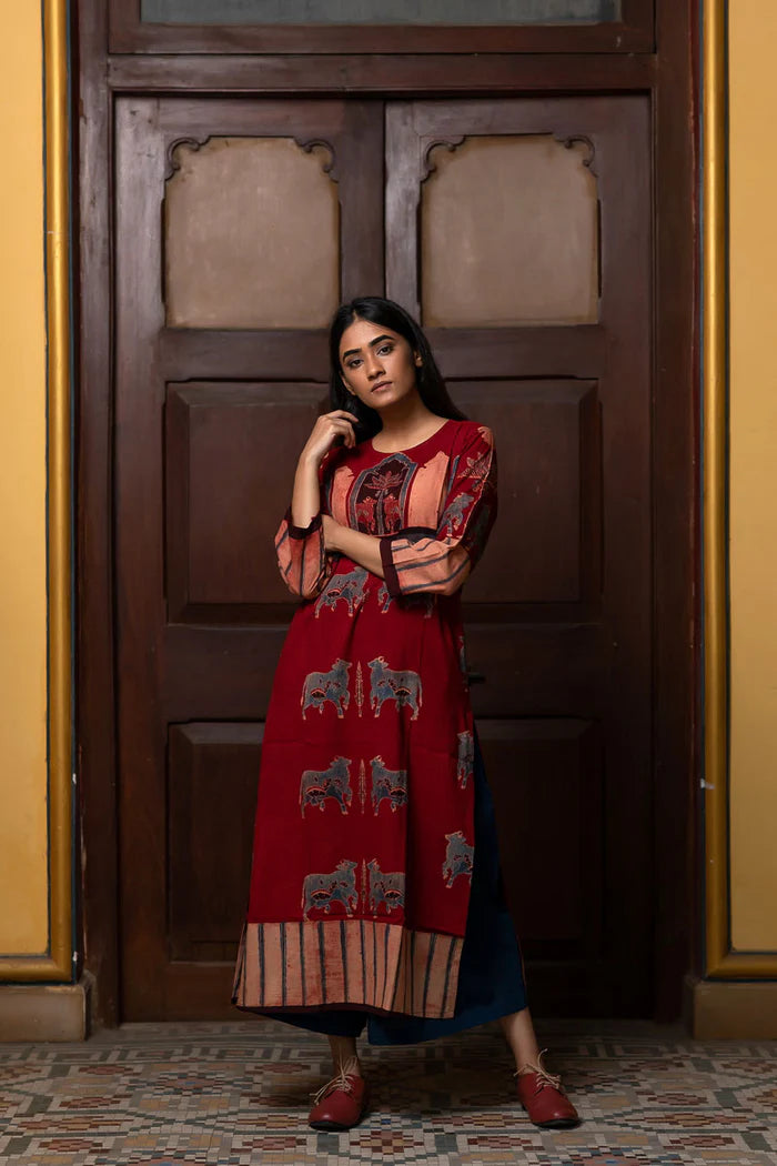 Maroon Pichwai Cow Motif Cotton Kurta
