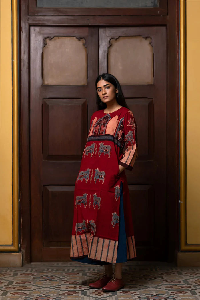 Maroon Pichwai Cow Motif Cotton Kurta