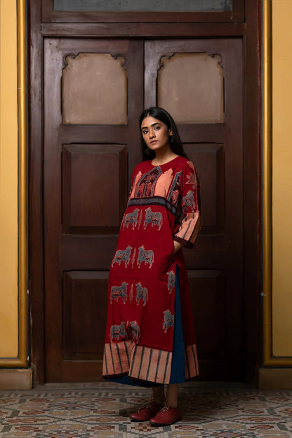 Maroon Pichwai Cow Motif Cotton Kurta