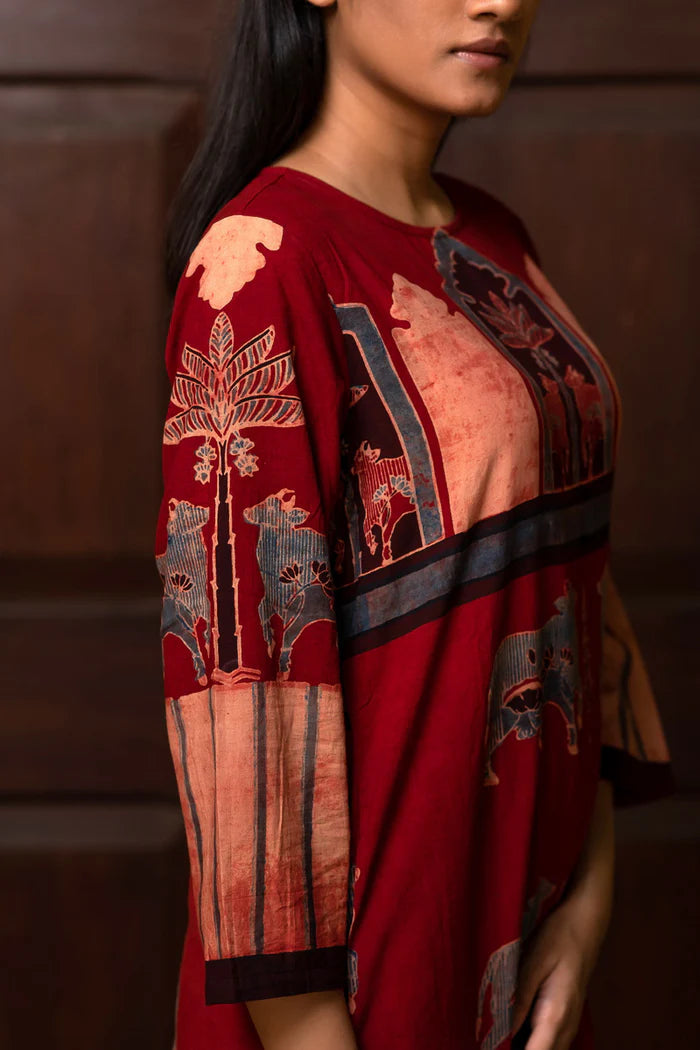 Maroon Pichwai Cow Motif Cotton Kurta